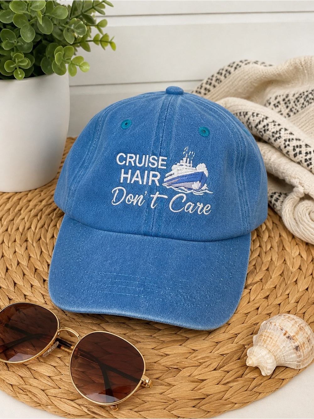 5/$15 Cruise Hair Don’t Care Blue Baseball Hat Adjustable Dad Cap Vacation Beach